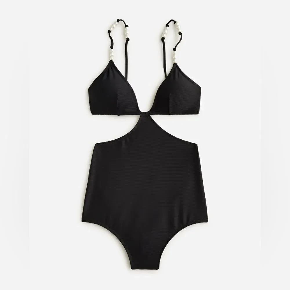 J Crew Ribbed Cut Out One Piece Swimsuit with Pearls NWT